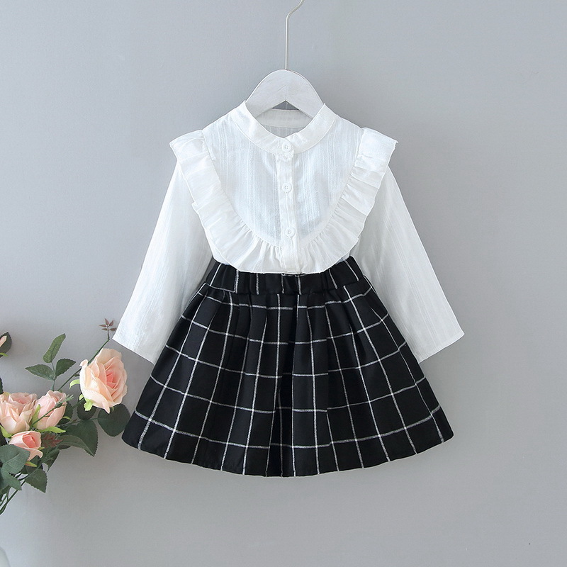 

Clothing Sets Spring Kids Girl 2-pcs White Ruffles Shirts + Black Plaid Skirt Casual Style Children Clothes Outfits E122 6E6S, 2-pcs sets