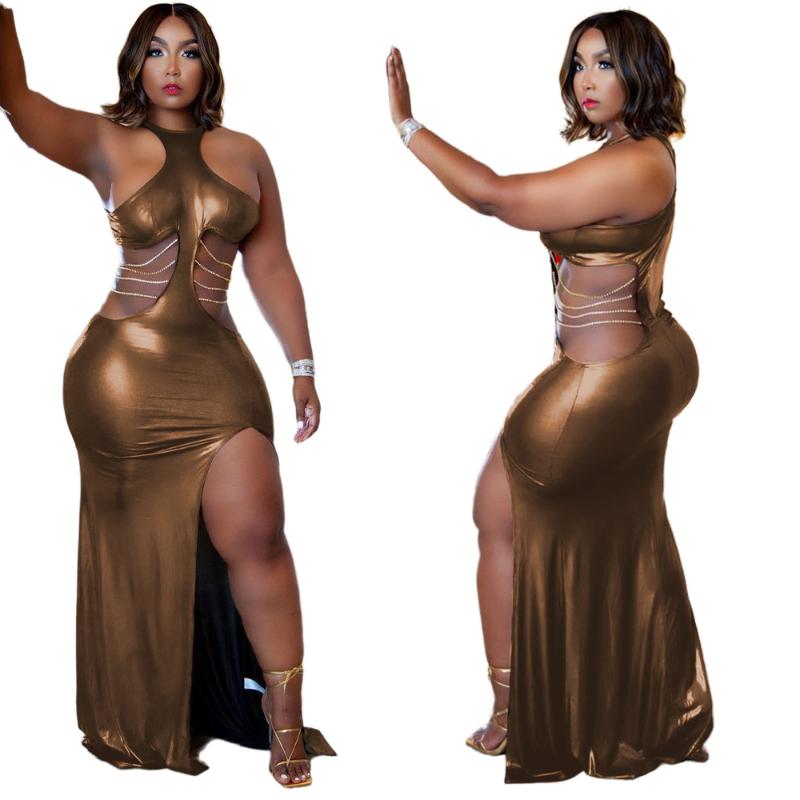 

Casual Dresses Women Cut Out Beading Lace Up High Side Slit Sleeveless Floor Length Maxi Dress Elegant Sexy Party Club Long 2022, Brown