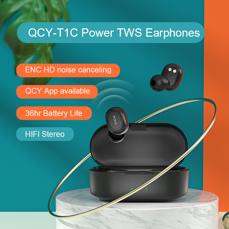 QCY T1C POWER TWS Bluetooth V5.0 Sports Wireless Earphones 3D Stereo headphones Mini in Ear Dual Microphone With Charging box-image-724961546