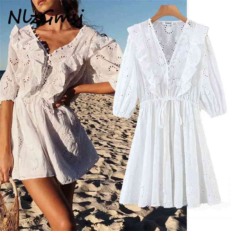 

Dres Short Sleeve V Neck Mini Lace Vintage Ruffles Floral Embroidery Party Ladies Hollow out 210628, As picture