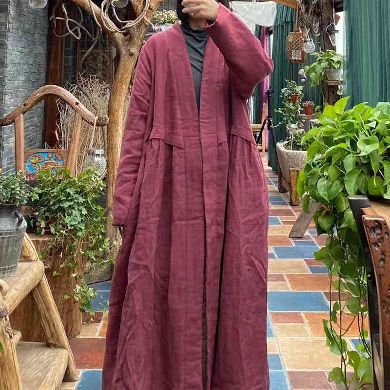 

Johnature Women Warm Cotton Coat V-Neck Casual Long Robes Winter Loose Women Vintage All-match Solid Color Retro 210521, As picture