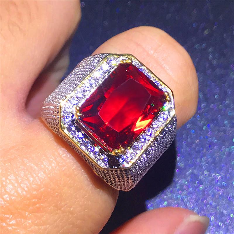 

Wedding Rings 2021 Style Male Ring With Zircon Yellow Gold Filled Square Red Crystal Geometry Big For Men Women Band Jewelry
