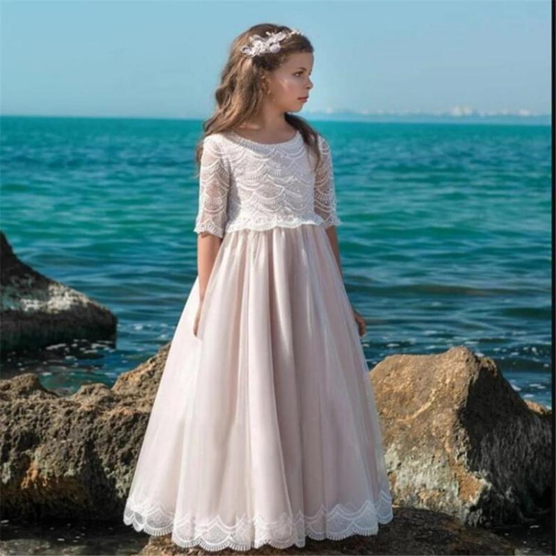 

Girl's Dresses Elegant Flower Girl With Half Sleeve Lace Applique Tulle Ball Gown First Holy Communion Party Dress For Girls Customized, Red;yellow
