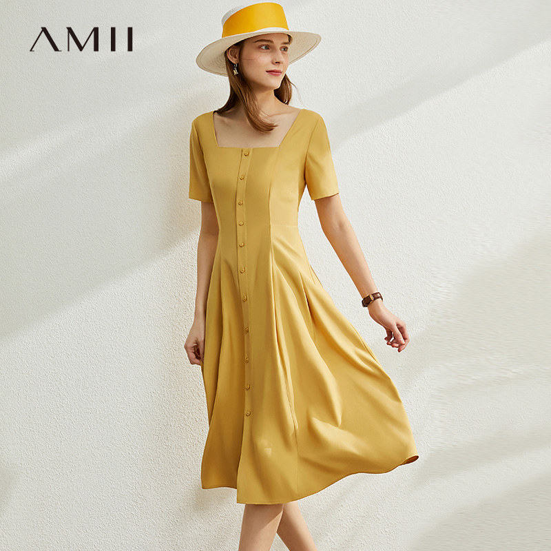 

amii minimalism spring summer vintage square collar aline women dress causal slim solid knee-length female dress 12030141, Black;gray