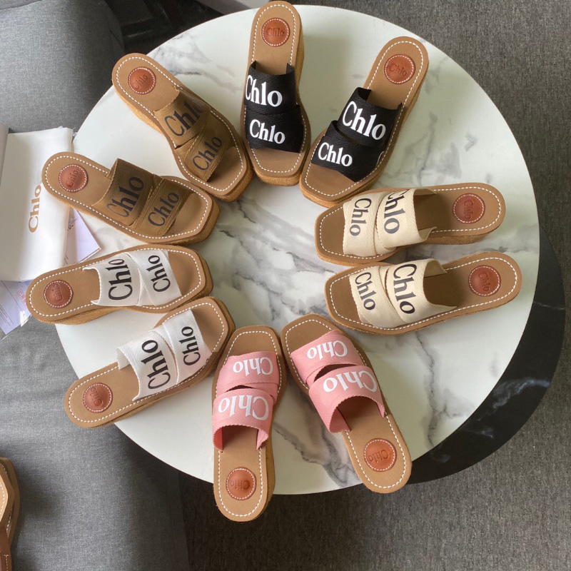 

women's slippers canvas slides Beige Woody Wedge Heeled sandals platform espadrilles heels sandal 10cm luxury designers holiday style s, Black