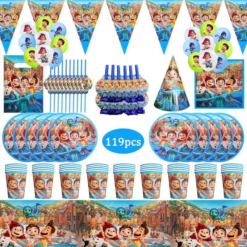 

Disposable Dinnerware 119Pcs Film Luca Kids Birthday Party Decorations Blue Theme Tableware Balloon Paper Plate Baby Shower Supplies