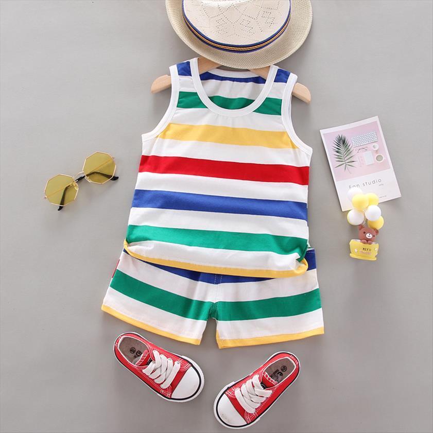 

summer boys girls color fashion striped vest set rainbow beach pure cotton pants high quality, White