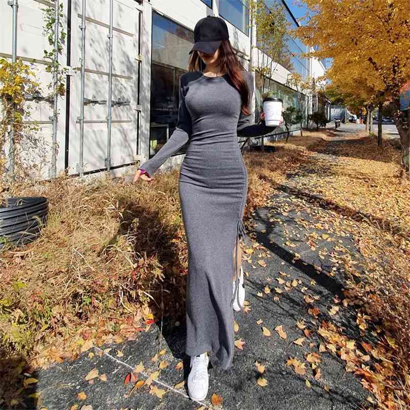

maxi Dress Korea ladies Long Sleeve fall cotton crew neck causal Party Dresses for women china clothing 210602, Gray