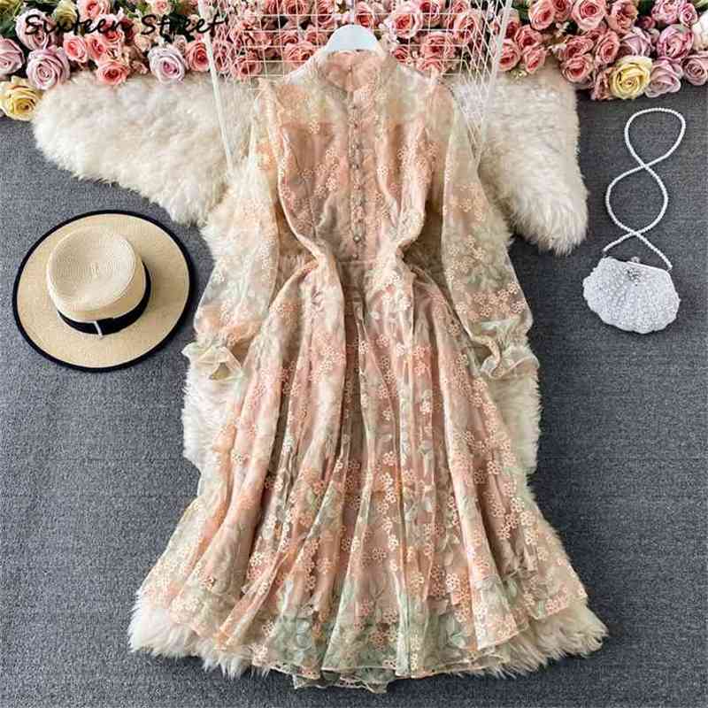 

Retro Mesh Embroidery Dress O-neck High Waist es Woman Vestido Single-breasted Elegant Party Long Female Spring 210603, Clear