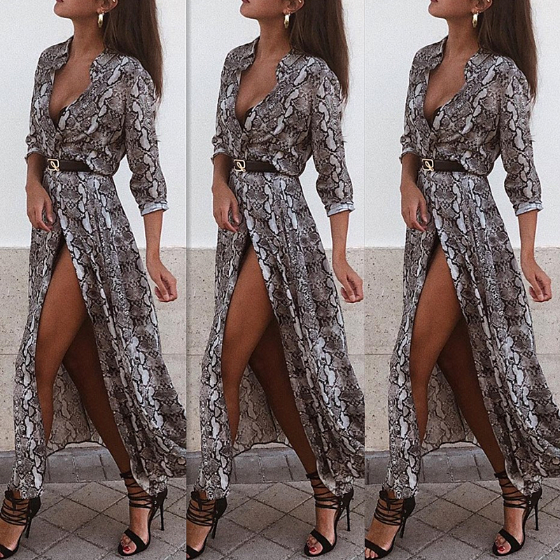 Sexy Printing Snakeskin Long Sleeve V Neck Dress Women Kimono Boho Long Party Dresses Shawl Tops Split Sundress Female Vestidos-image-704710181