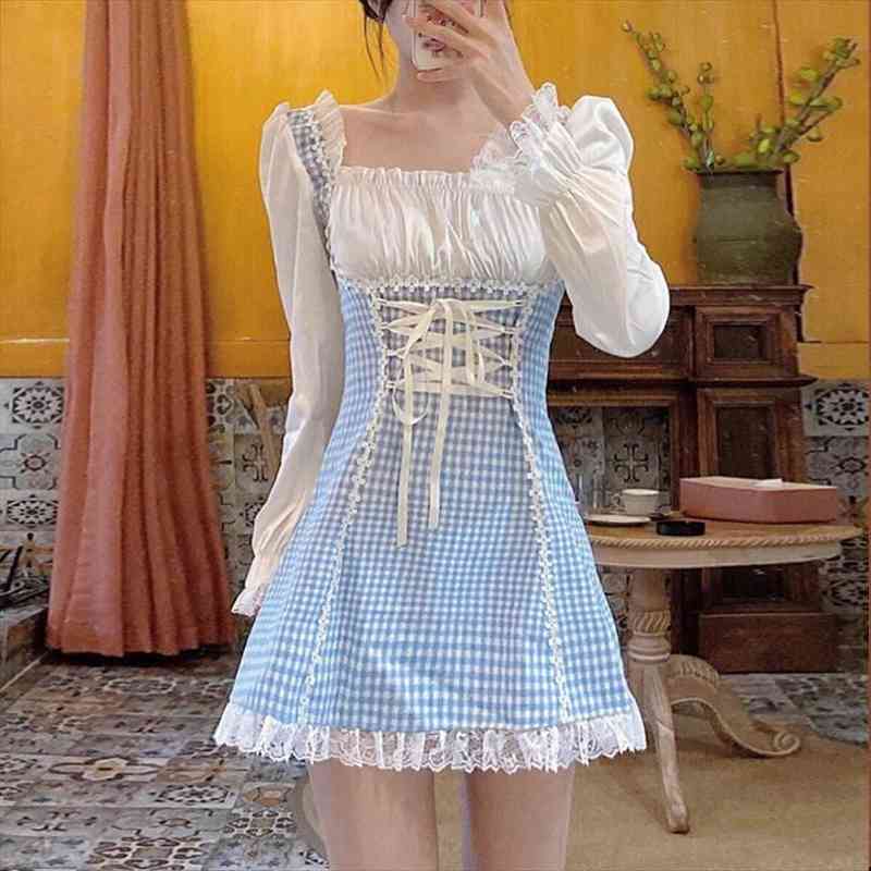 

Sweet Lolita Mini Japanese Women Dress Style Square Collar Bandage Blue Plaid Gothic Kawaii Ruffles Soft Girl, Black;gray