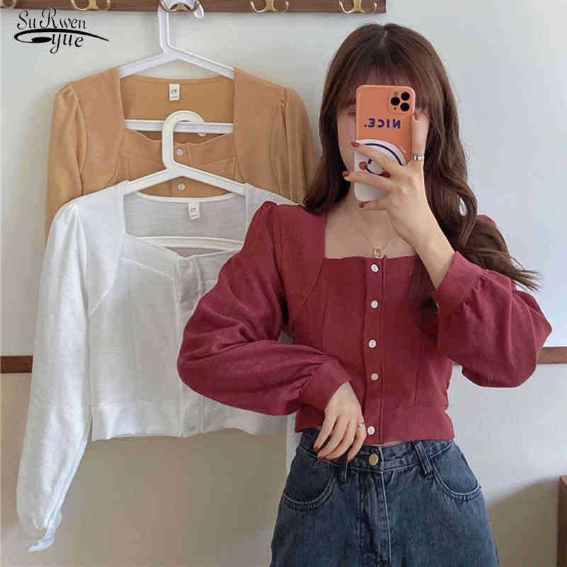 

Casual Retro Square Collar Single-breasted Women' Blouse Solid Color Long-sleeved Shirt Korean Slim Ropa De Mujer 12747 210521, Yellow
