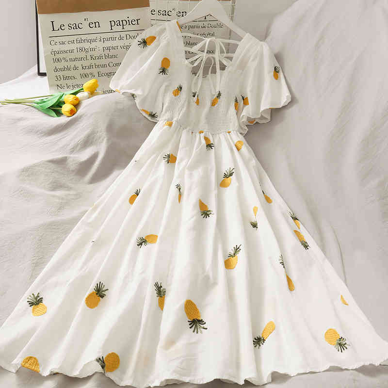 

Women Pleated Dress O-neck Bandage Sleeveless Holiday Pineapple Printed A-line Tank Casual For Summer 210518, Cherry