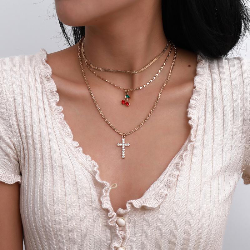 Pendant Necklaces Rhinestone Cherry Necklace Sweet Temperament Small Cross Charm Collarbone Multilayer Chain Choker For Women-image-708488145