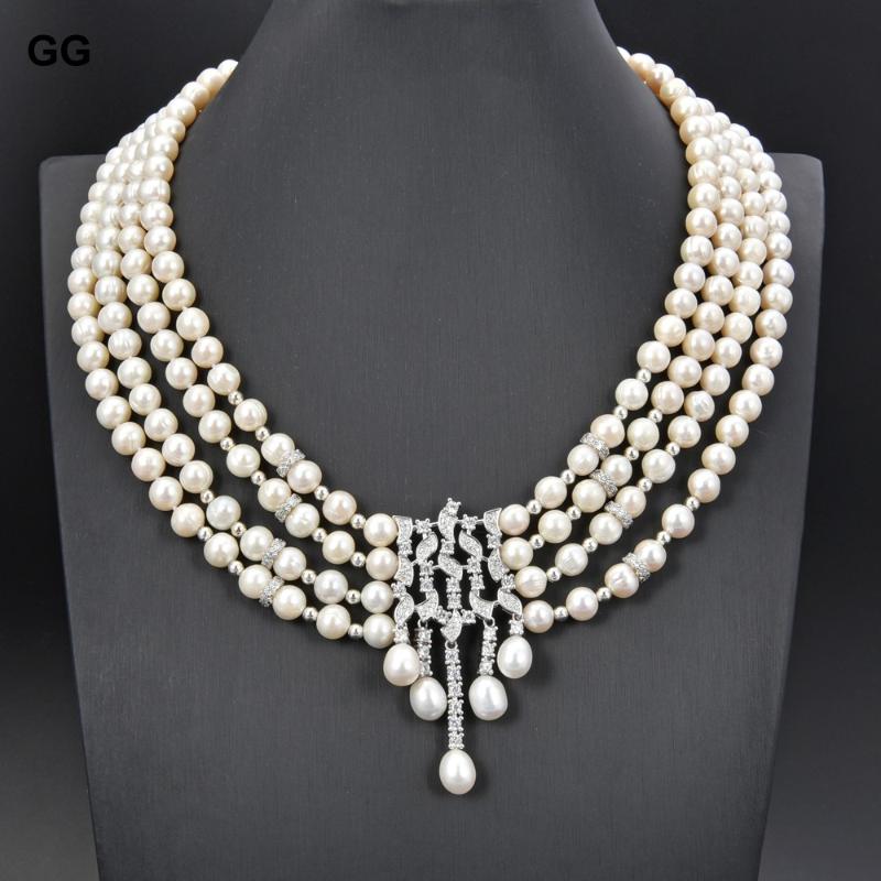 

Pendant Necklaces JK 18" 4 Strands Cultured White Pearl Statement Necklace CZ