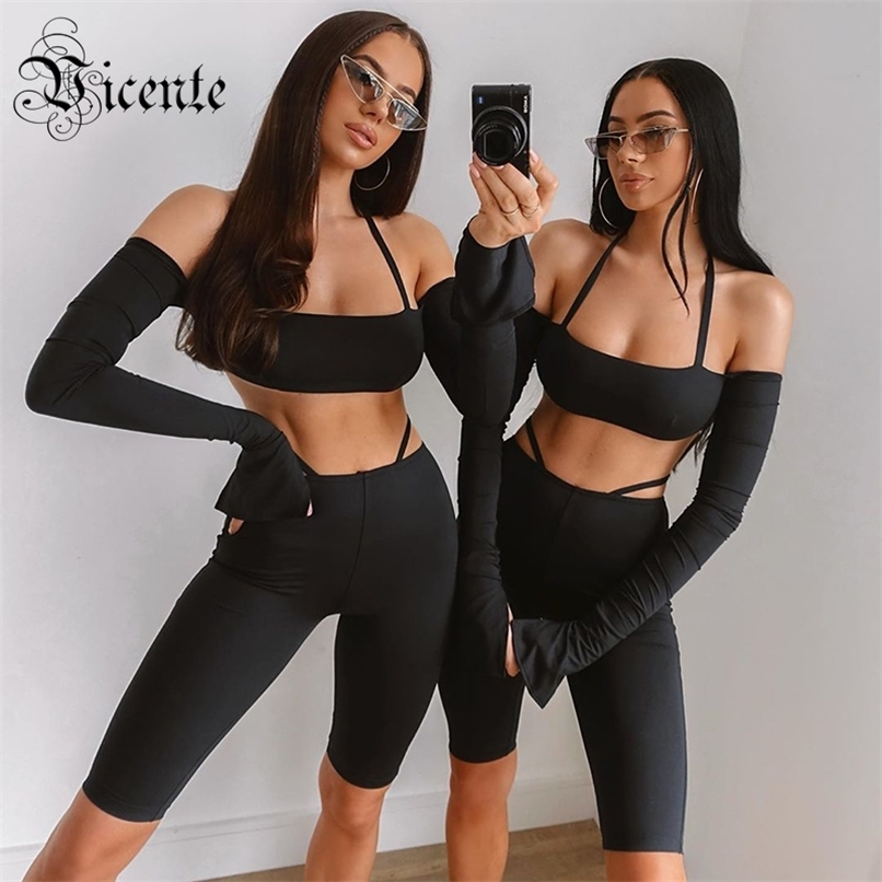 

Chic Two Pieces Suit Sexy Off Shoulder Flared Sleeves Party Club Bandage Crop Tops Shorts 210520, Gray