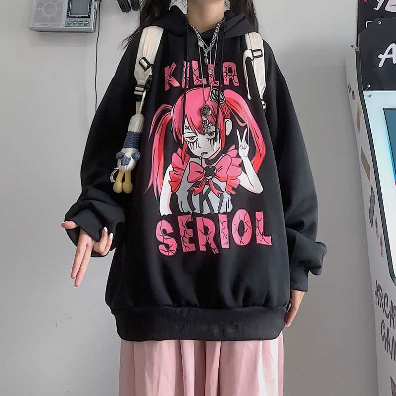 

2021 New Women's Hoods Kawaii Cartoon Print Sweatshirt Hoody Top Tas Hoodies Women Goth Clothing Anime Hooded Long Mouths Female, Black