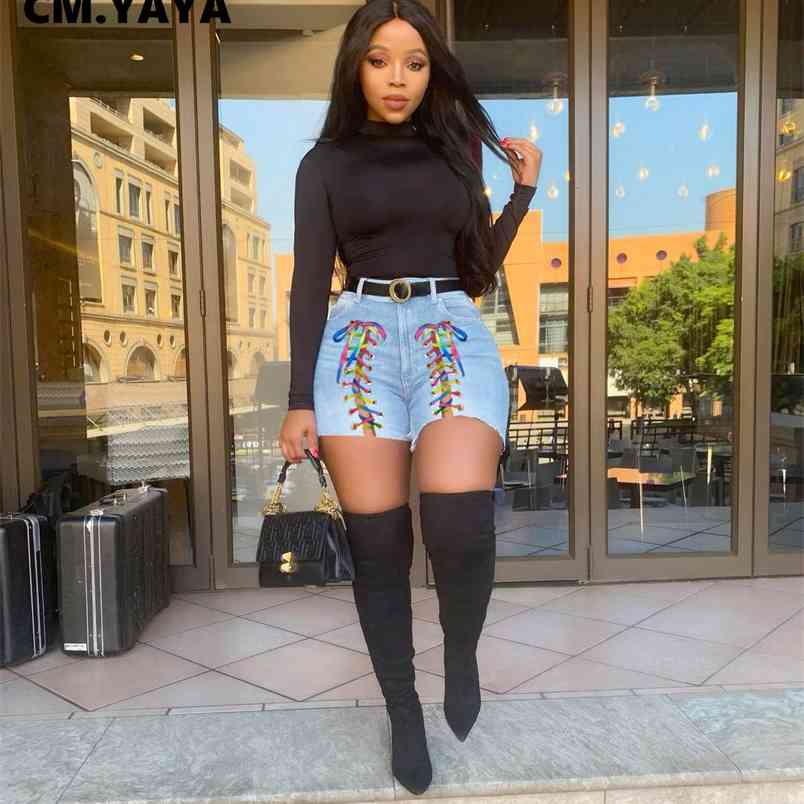 

CM.YAYA Criss-cross Colorful Lace Up Hollow Out High Waist Jeans Women Denim Shorts Sexy Casual Street 210708, Blue