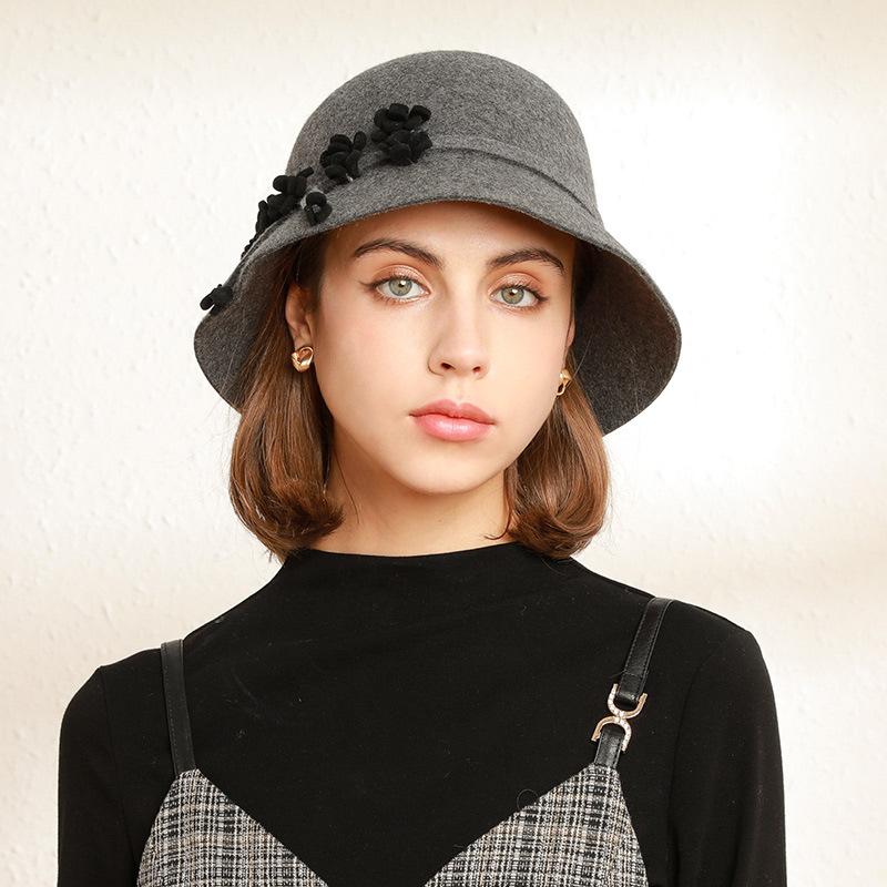 

Berets X4065 Flower Decoration Elegant Felt Hat Adult Utensils Wool Boat Fisherman Cap Dresses Wide Brim Bucket, Black