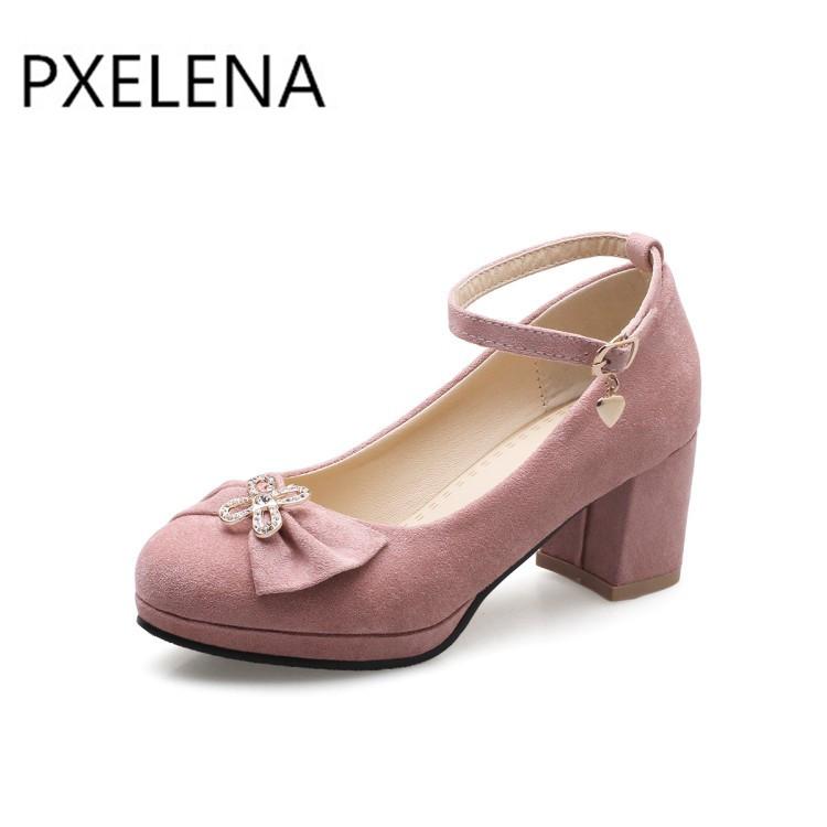 

Plus Size 34-43 Sweet Shoes Girls Butterfly-knot Crystal Thick Med Heels Pumps Ladies Round Toe Flock 2021 Spring Dress, Black