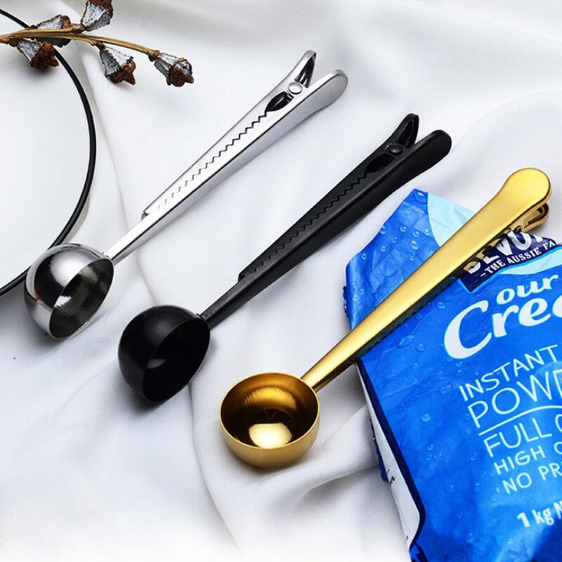 

Stainless Steel Ground Coffee Measuring Scoop Spoons With Bag Seal Clip Black Gold Silver Color Ice Cream Spoon RH8413