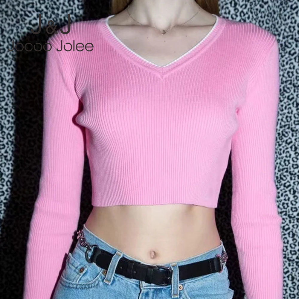 

Jocoo Jolee Women Autumn Casual Hit Color Long Sleeve Knitted Pullover Women Sexy V Neck Crop Sweaters Elegant Slim Jumper 210518, Pink