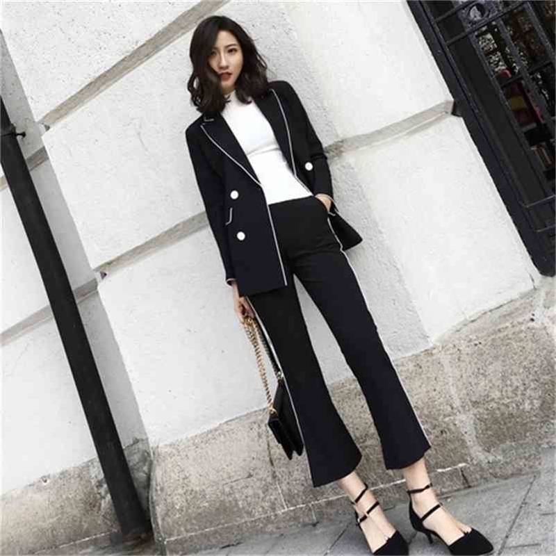 

Sets Clothes For Women Two Piece Set Vintage Double Breasted Blazers Jackets+High Waist Flare Pants Office Lady Suits 210519, Black