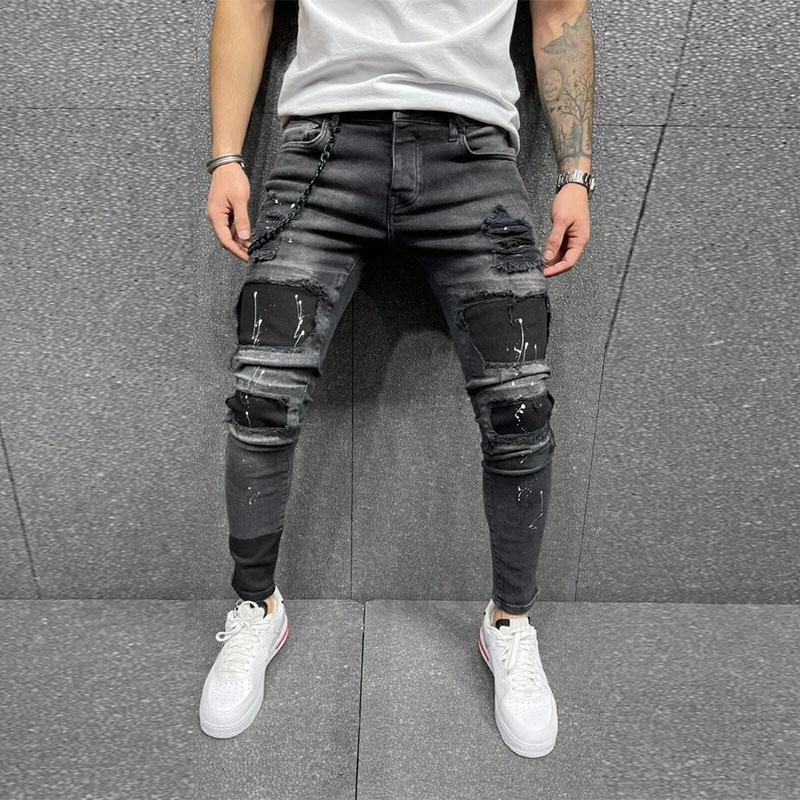

Men' Jeans Men Ripped Skinny Zipper Black Patchwork Biker Pencil Pants Street Man Slim Fit Denim Hip Hop Draped Trousers, 8818