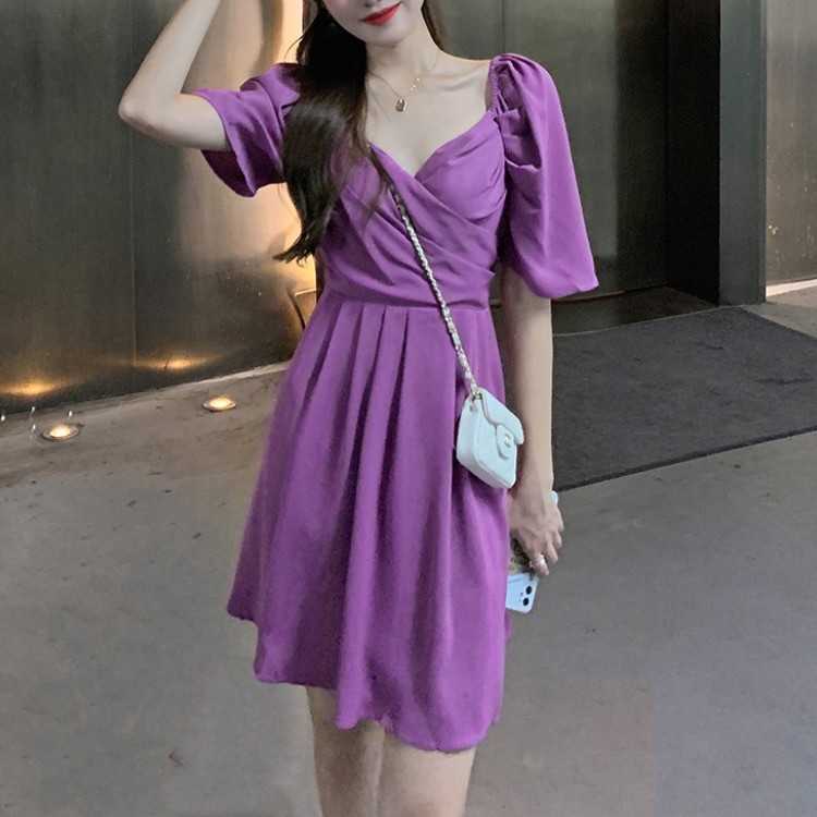 

Vintage Puff Sleeve Solid Color Women Dress Summer V-Neck Slim Waist A-line Female Vestidos Femme 210526, Photo color
