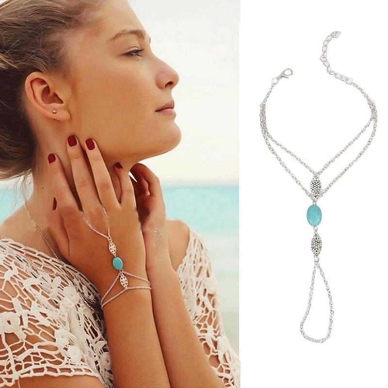 

Charm Bracelets Fashion Chain Bracelet Drop Punk Silver Plated Women Metal Hand Harness Green Stone Beads Slave Finger Ring Boho Jewelry