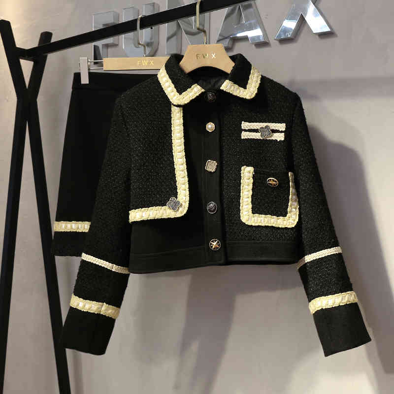 

skirt High Quality Fashion Woolen 2 Piece Set Single Breasted Tweed Short Jacket Coat + Suits Winter Outfits For Women YQ7R, Black