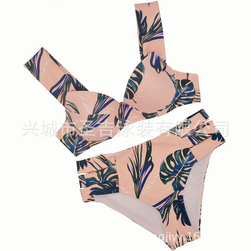 Bracket 2021 Ins Steel Gathered Chest Printed Bikini Women&#039;s Swimsuit-image-678626858