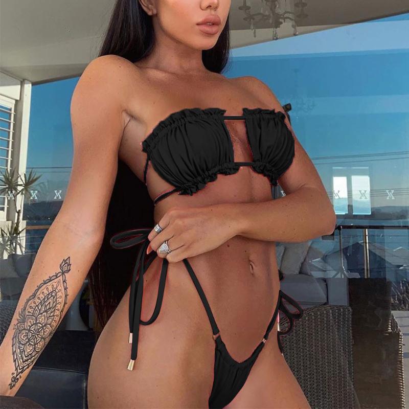 

Women' Swimwear Sexy Women Solid Bathing Suit Bandeau Bikinis 2021 Mujer Micro Swimsuit Female Push Up Two-piece Summer Biquini, Black