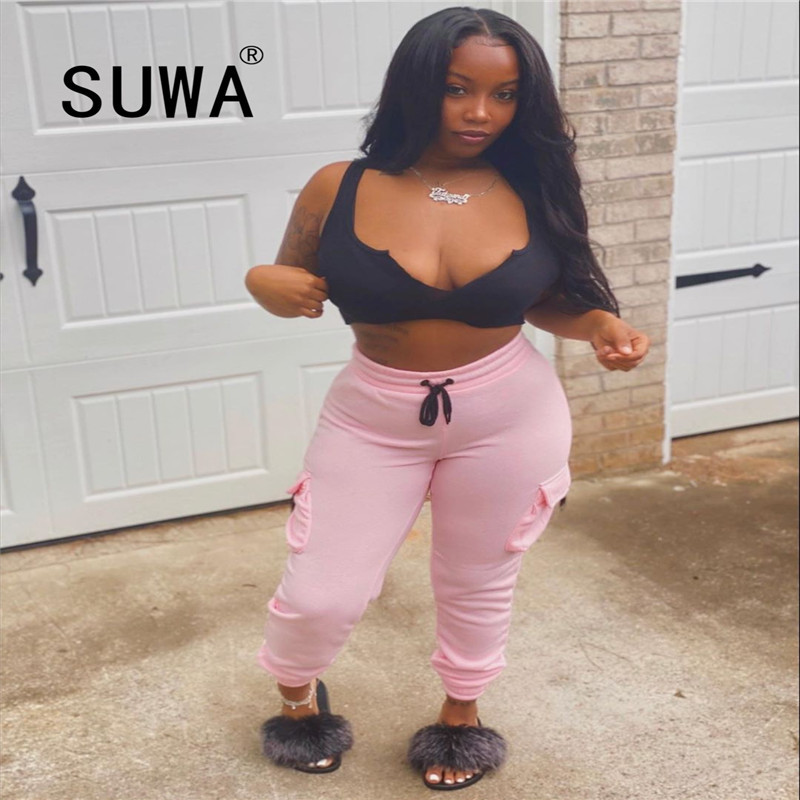 

Pink High Waited Drawstring Sporty Sweatpant Women Fashion Side Pockets Bodycon Trousers Streetwear Workout Fitness Bottom Pants 210525