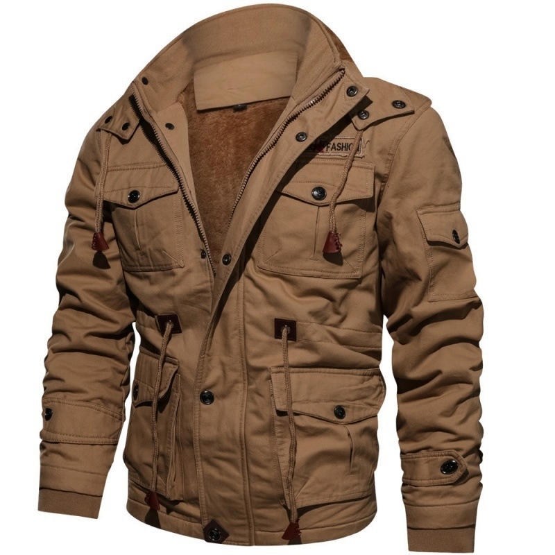 

Plush and thickened medium length washed cotton jacket cotton coat large loose coat, Khaki