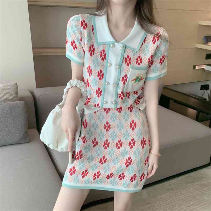 

Sweet 2-Piece Set Women's Summer Print Turn Down Collar Double breasted Short Sleeve knit Top + Mini Skirts Suit 210519, Photo color
