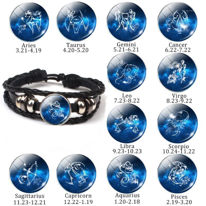 

Gift Cute Convex Round Zodiac Sign Leather Bracelet Aries Leo Constellation Virgo Pisces Multi-layer Bead Man Woman Bangle