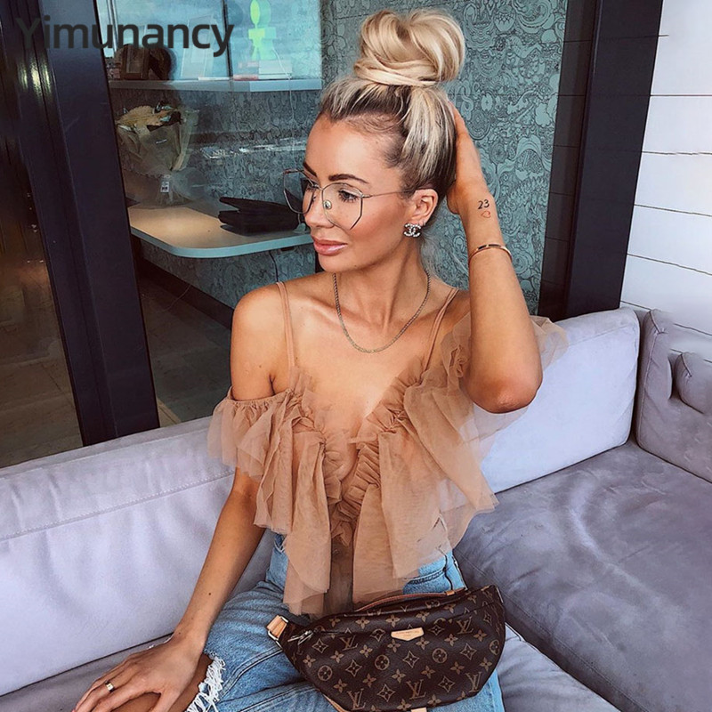 

Yimunancy Mesh Bodysuit Women Perspective 2021 Spring Off Shoulder Skinny Bodysuit Ladies Ruffle Sexy Bodysuit Summer Overalls, Black;white