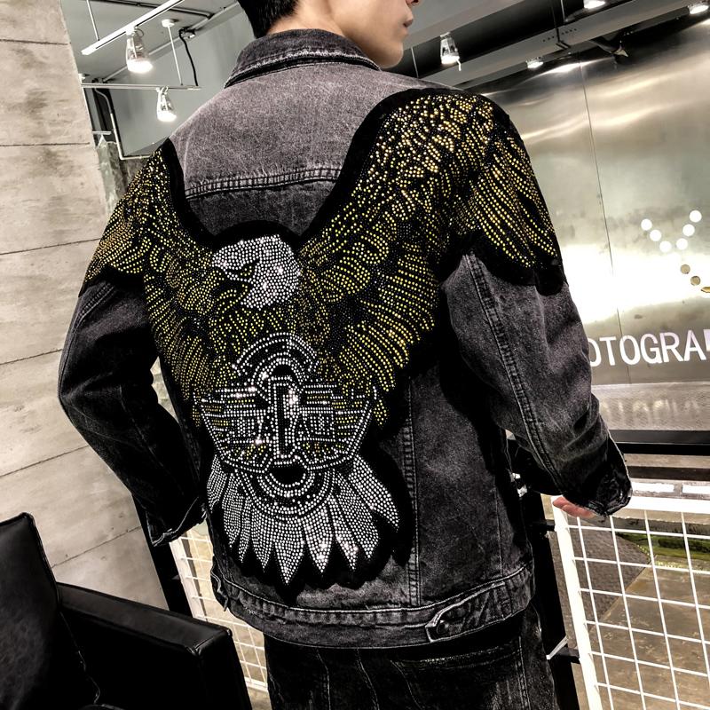 

Men's Jackets Spring Autumn Denim Jacket Brand Eagle Rhinestone Cotton248l, Black