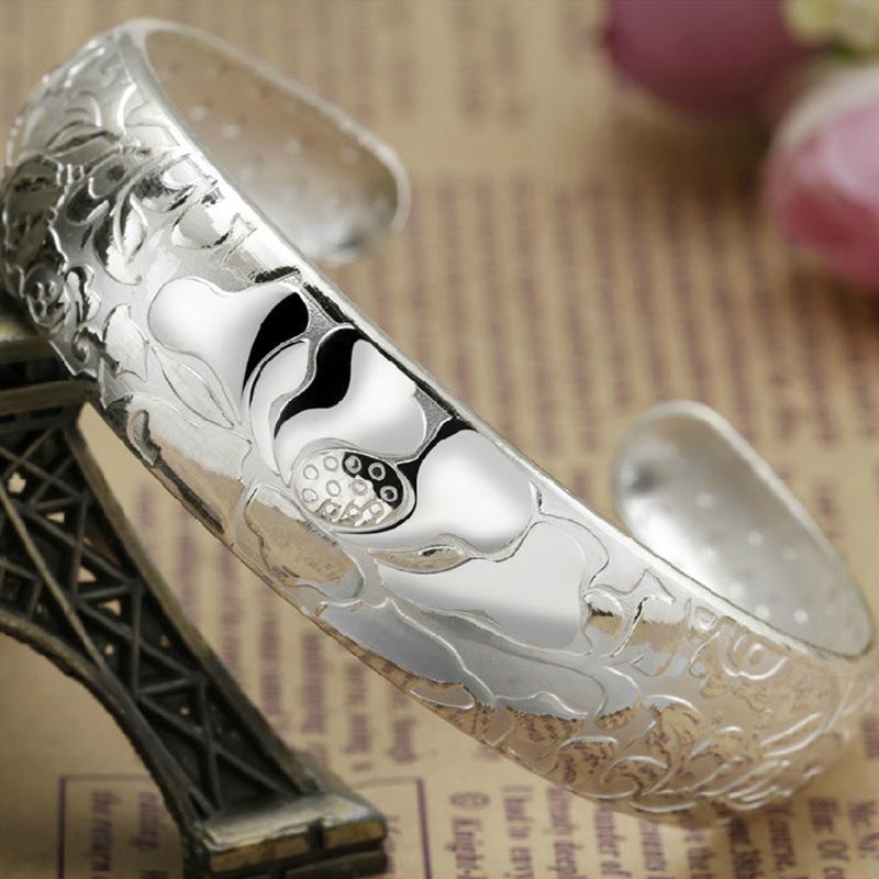 

Bangle 925 Sterling Silver Lotus Flower Width Bangles & Bracelet For Women Fashion Elegant Party Accessorie Jewelry Adjustable