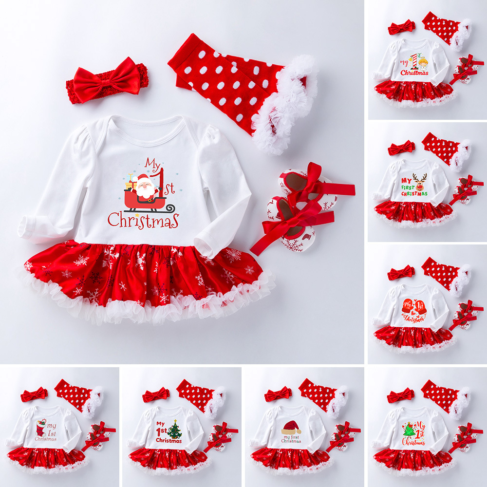 Xmas Set Kids Baby Christmas Suits Girls Fashion Snowflake Long Sleeve Romper Dress 4-piece-set Casual Jumpers Tracksutis-image-735713575