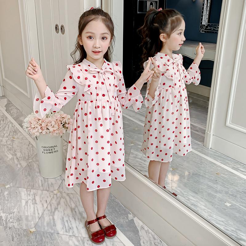 

Girl's Dresses Kids Solid Dot Bowtie Dress Front Pleated Girls Cute Clothes Blouse Style A Line Children Knee Length Chiffon 3-14, As show