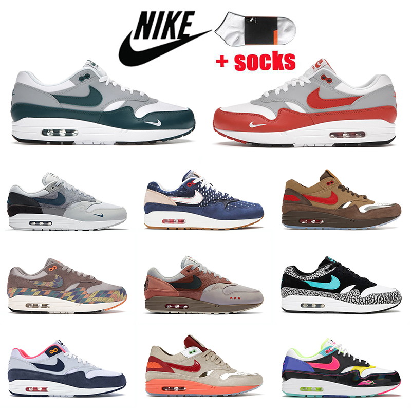 

Womens Mens Running Shoes Air Max 1 Sports Sneakers Amsterdam London AirMax Clot Kiss of Death CHA Denham Martian Sunris Dark Teal Green OG Anniversary Trainers, A33 36-45 university blue