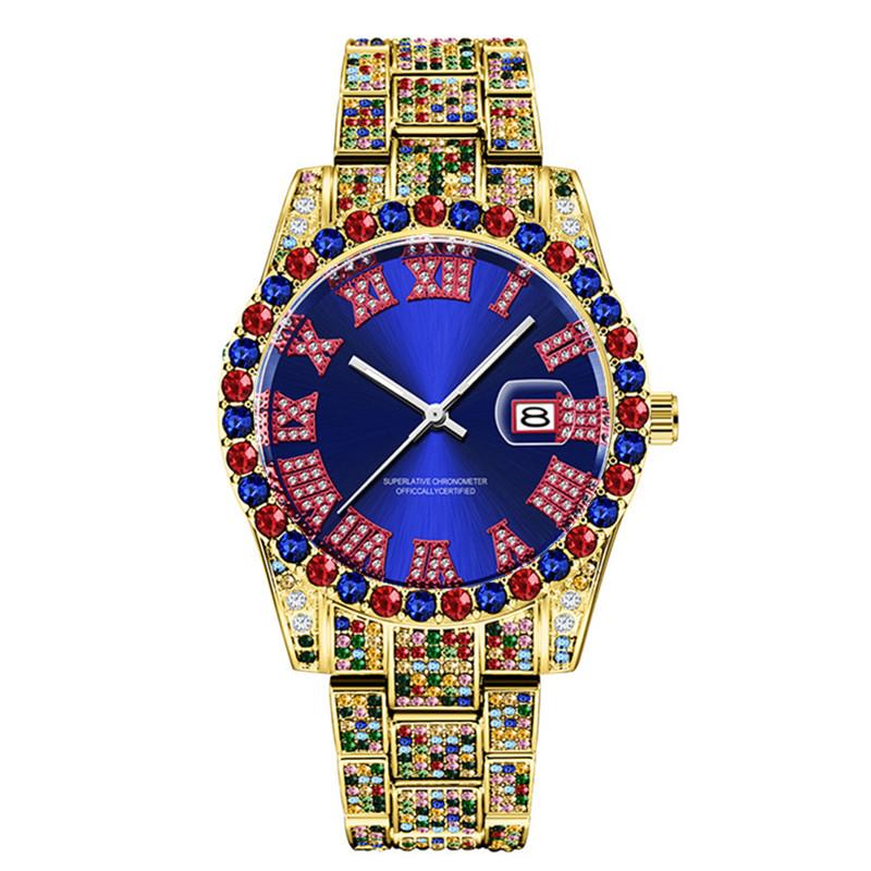 

Wristwatches Original Brand Men Watches Fashion Luxury Golden Hip Hop Full Diamond Date Quartz Designer Watch Reloj Hombre Acero Inoxidable, Silver gold