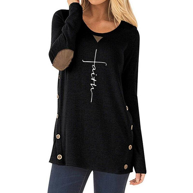 

Women' T-Shirt IN STOCK Womens Faith Printed Elbow Patch Top Jumper Pullover Tunic Shirt Simple Casual O Neck Loog Spring Autumn T, Black