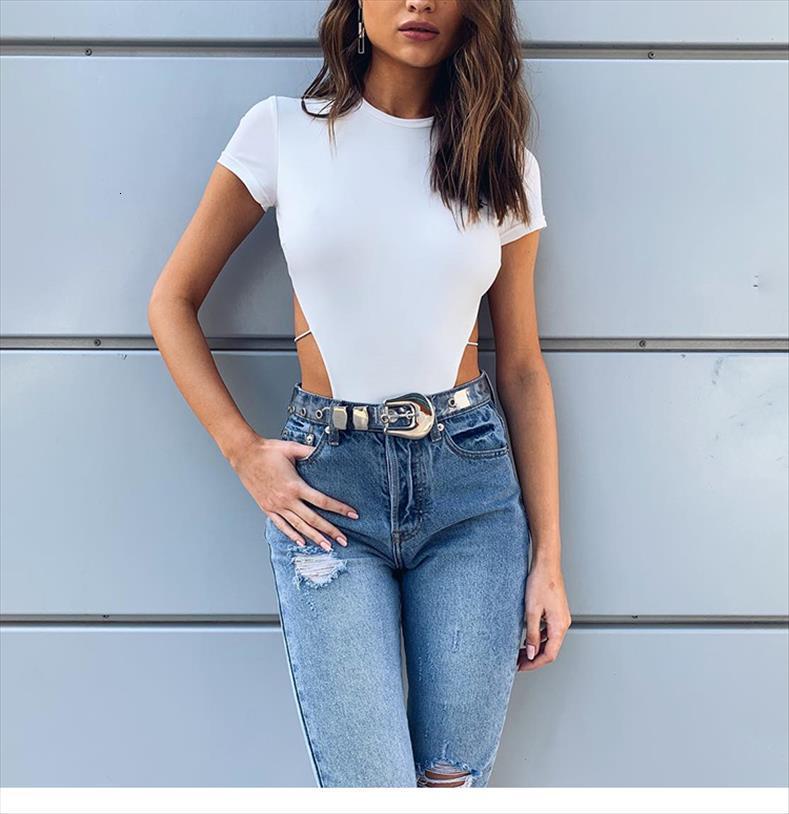 

backless straps simple solid womens jumpsuits color round neck short sleeve slim shirt dropshipping club, Black;white