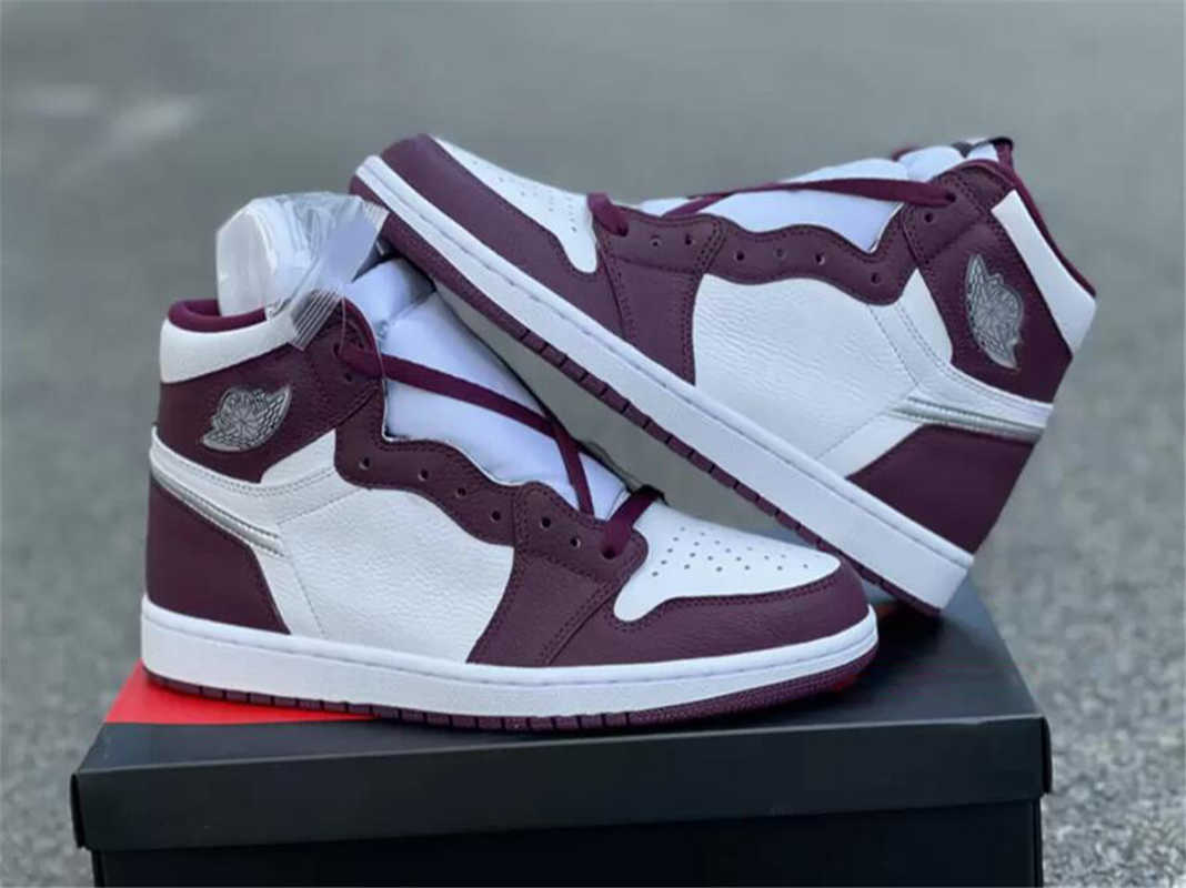 

2021 High OG 1 Bordeaux Outdoor Shoes Men Women White Metallic Silver Hand Crafted 555088-611 Sports Sneakers With Origingl Box