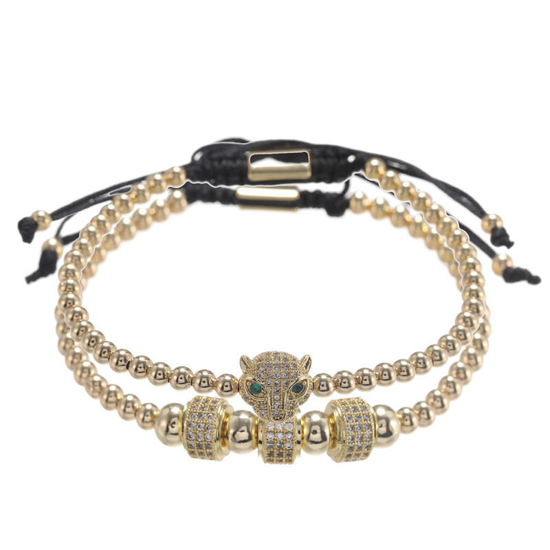 

Hot Selling Factory Design CZ Leopard Head Charm Bracelet Colorful 4MM Copper Beads Strands Bracelets 2pcs/set
