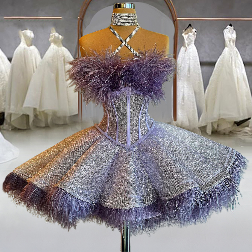 

Stylish Halter Prom Dress Corset Top Feathers Mini Skirt Ruffles Short Cocktail Gowns Women Party Wear Robes, Chocolate