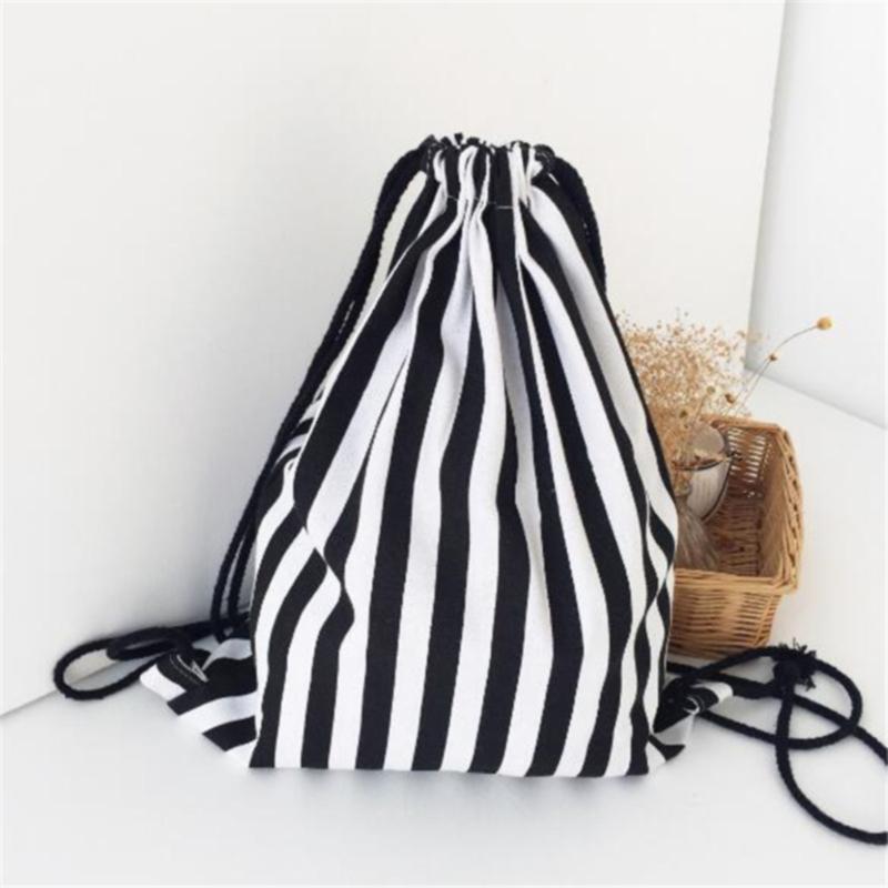 Duffel Bags Canvas Shoulder Bag Black White Stripe Causal Handmade Backpack Drawstring-image-705475943